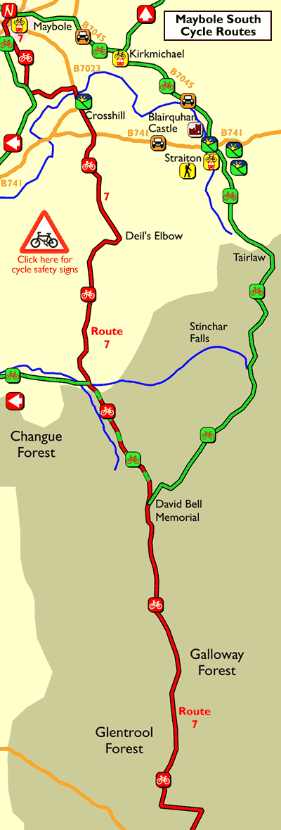 Maybole south cycle route part of the National Cycle Network Route 7 winding its way through farmland, forests, valleys and rolling hills.